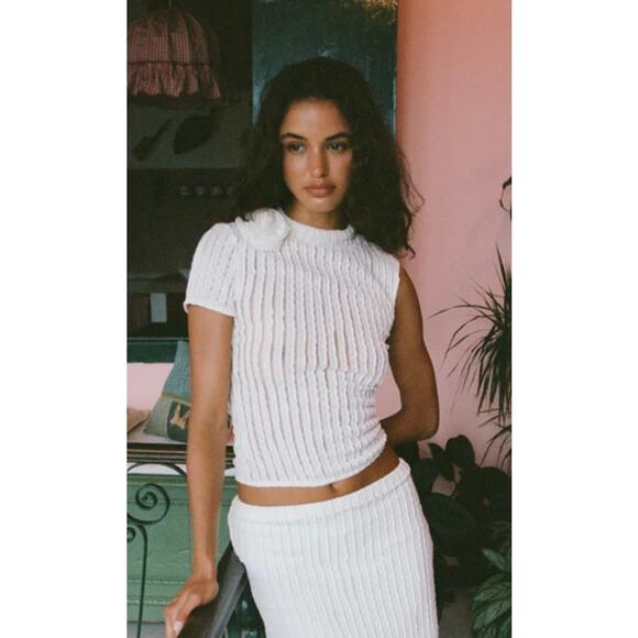 With Jean Loulou Top Crewneck White Sheer One Sleeve Floral Detail New size XL - Picture 3 of 8